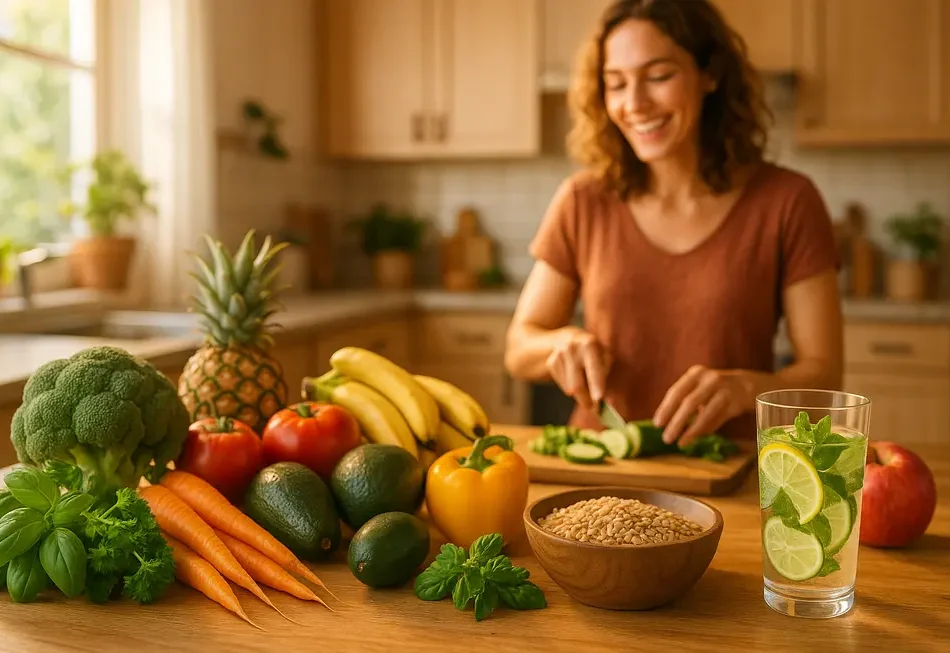 Frau hält sich den Bauch vor Schmerzen, umgeben von Verdauungssymbolen.
