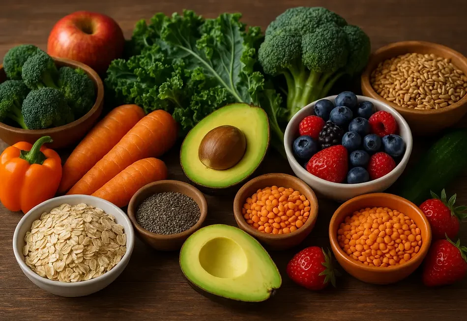 Ein Arrangement aus ballaststoffreichen Lebensmitteln wie Gemüse und Vollkornprodukten.