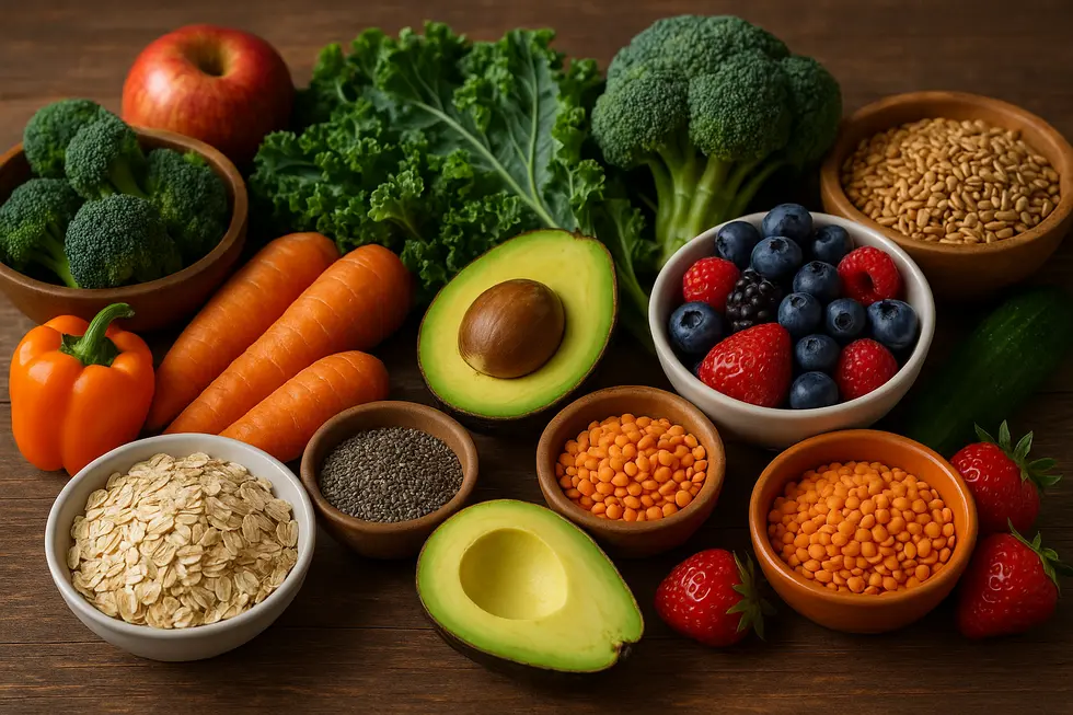 Ein Arrangement aus ballaststoffreichen Lebensmitteln wie Gemüse und Vollkornprodukten.