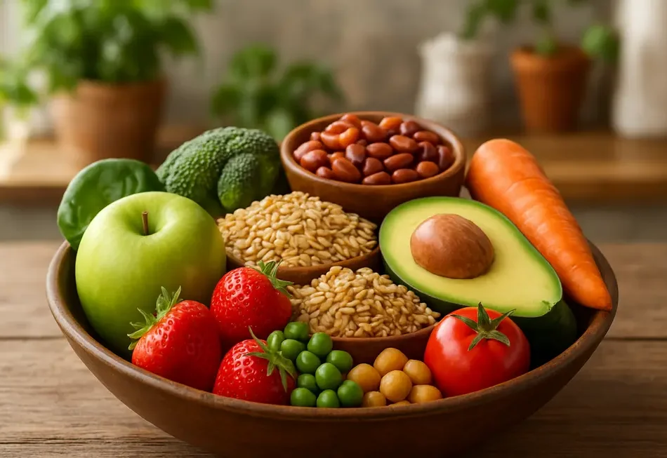 Verschiedene ballaststoffreiche Lebensmittel auf einem Tisch.