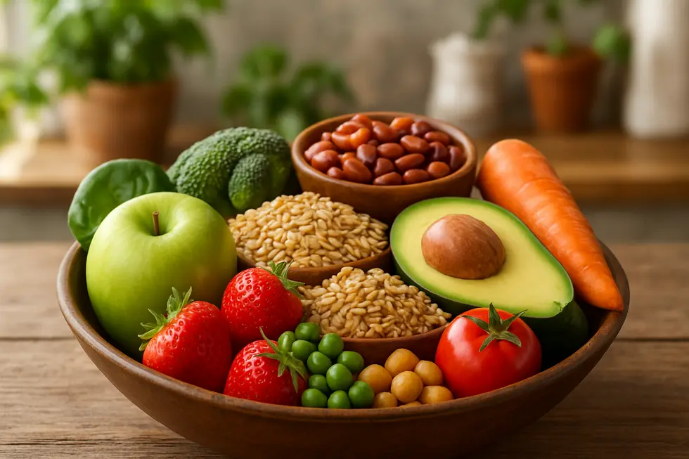 Verschiedene ballaststoffreiche Lebensmittel auf einem Tisch.