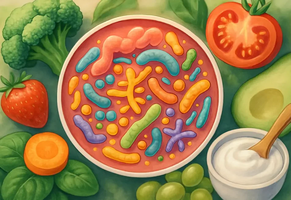 Eine Darstellung des Darms mit Bakterien, die eine Schutzbarriere bilden.