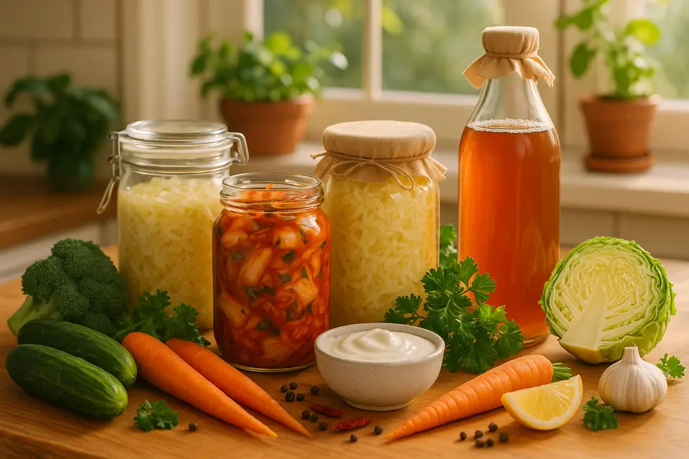 Verschiedene fermentierte Lebensmittel wie Kimchi, Sauerkraut und Kefir auf einem Tisch.