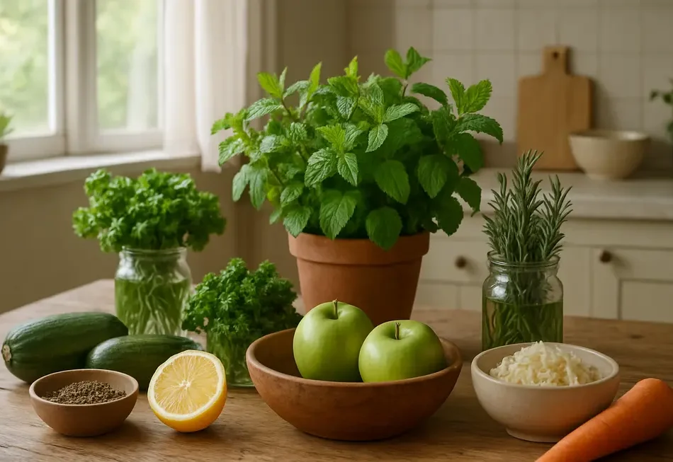 Verschiedene gesunde Lebensmittel auf einem Tisch zur Verbesserung der Verdauung.