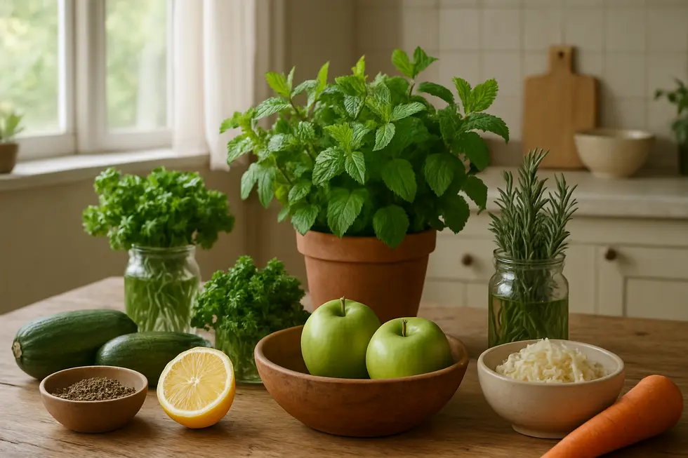Verschiedene gesunde Lebensmittel auf einem Tisch zur Verbesserung der Verdauung.