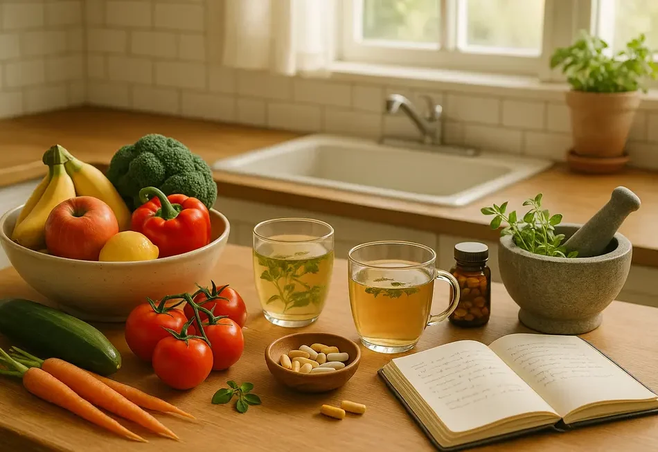 Frisches Obst und Gemüse auf einem Holzbrett in einer ruhigen Küche.