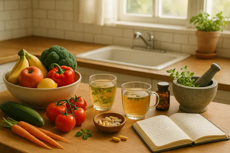 Frisches Obst und Gemüse auf einem Holzbrett in einer ruhigen Küche.