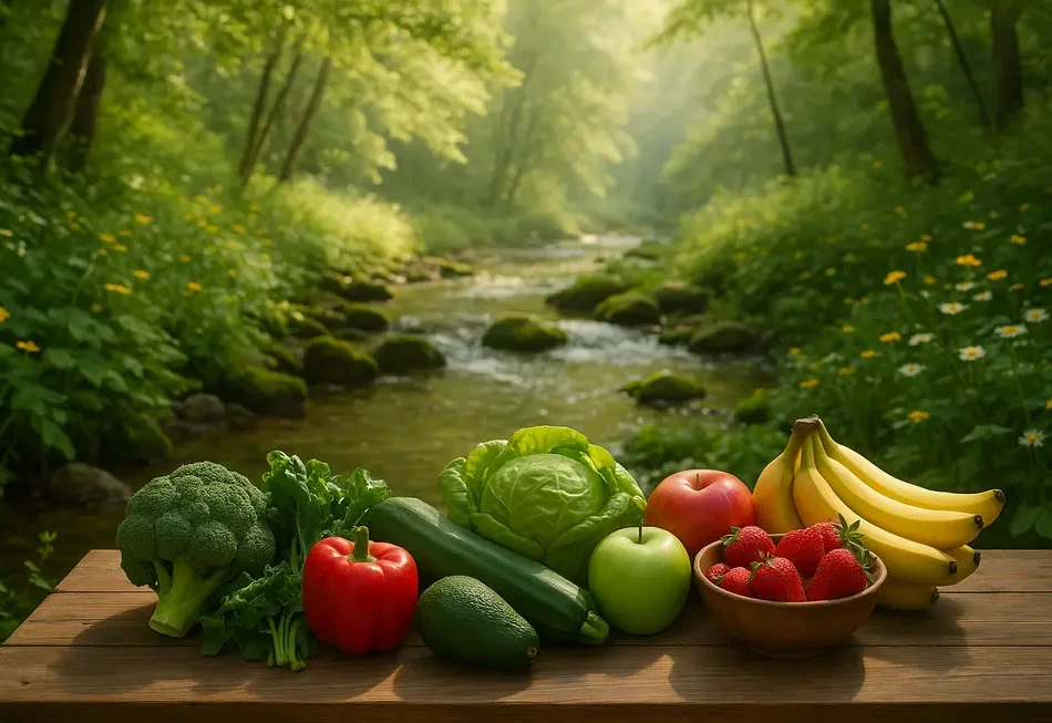 Eine Person sitzt entspannt in der Natur neben reinem Wasser.