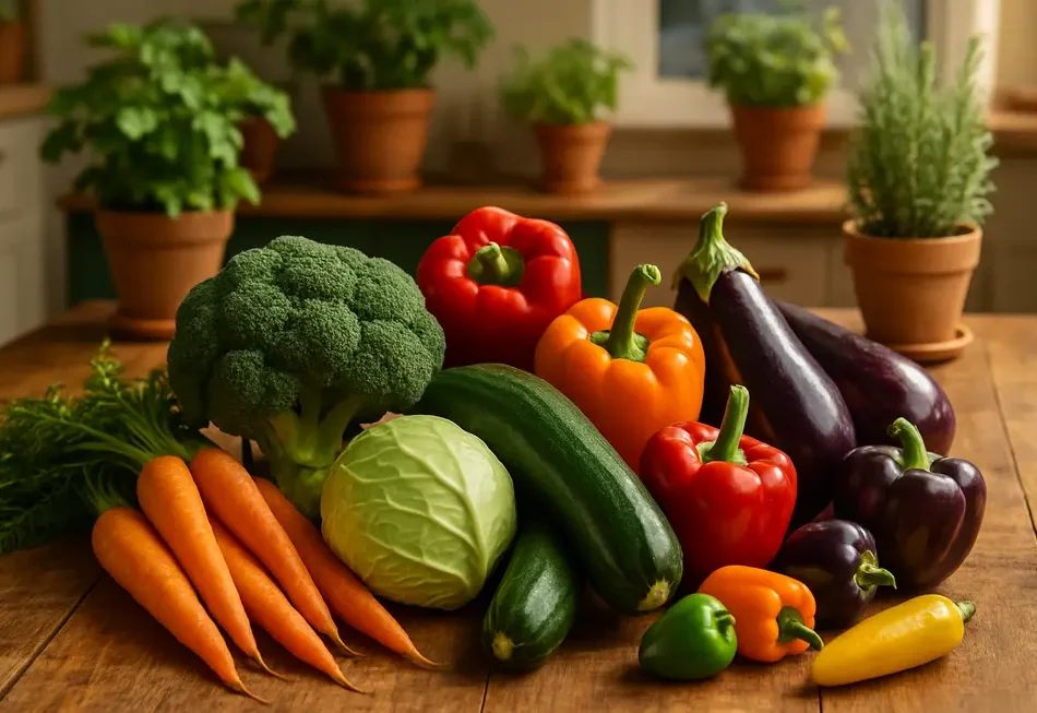 Verschiedene Arten von saisonalem Gemüse, hübsch auf einem Holztisch angerichtet.