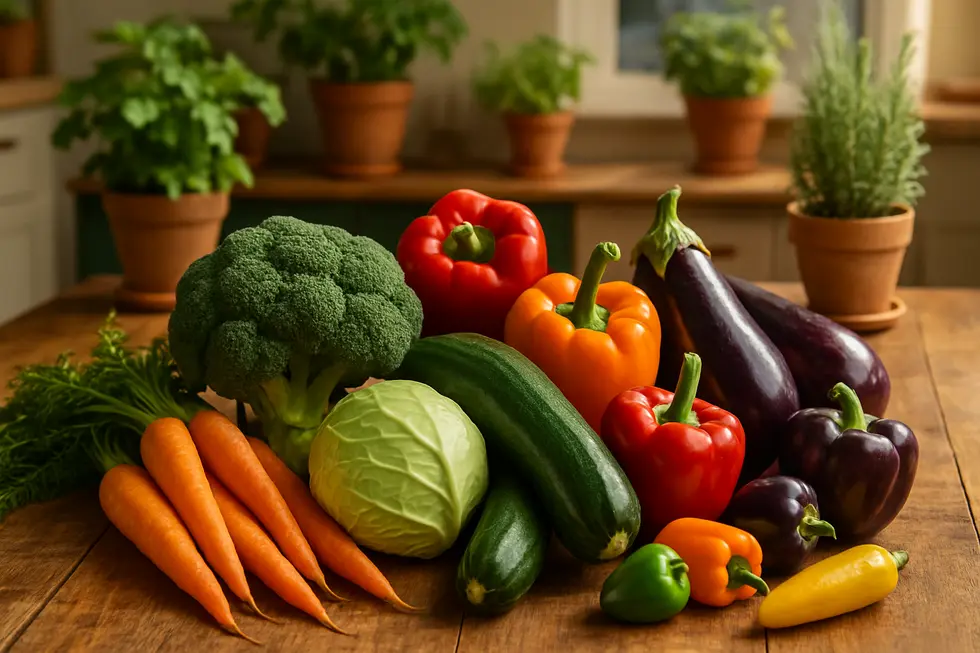 Verschiedene Arten von saisonalem Gemüse, hübsch auf einem Holztisch angerichtet.