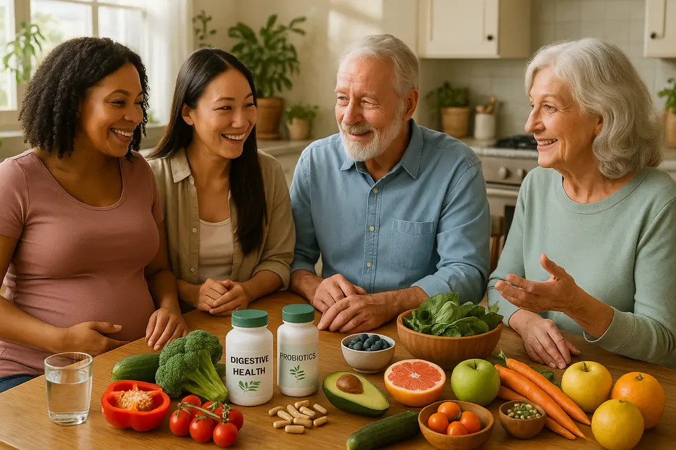 Schwangere Frau mit gesundem Smoothie, frisches Obst und Gemüse im Hintergrund.