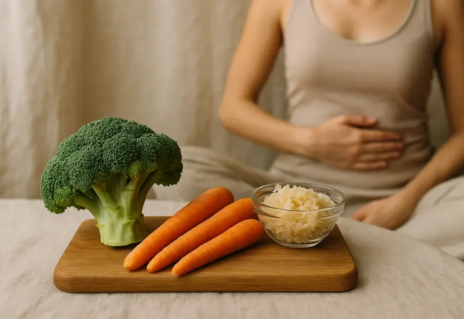 Grafik des menschlichen Darms mit bunten Bakteriensymbolen.