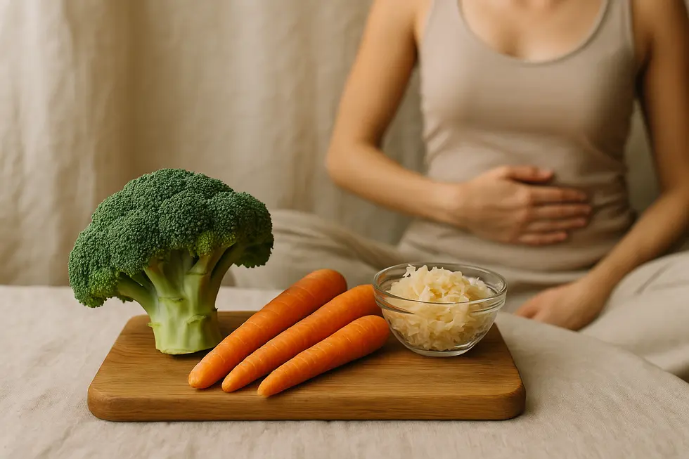 Grafik des menschlichen Darms mit bunten Bakteriensymbolen.