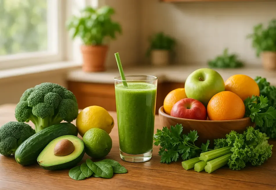 Verschiedene bunte Obst- und Gemüsesorten auf einem Holztisch.