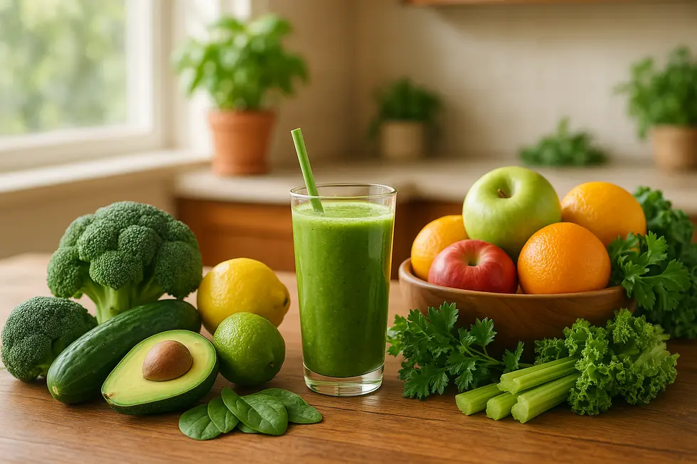 Verschiedene bunte Obst- und Gemüsesorten auf einem Holztisch.