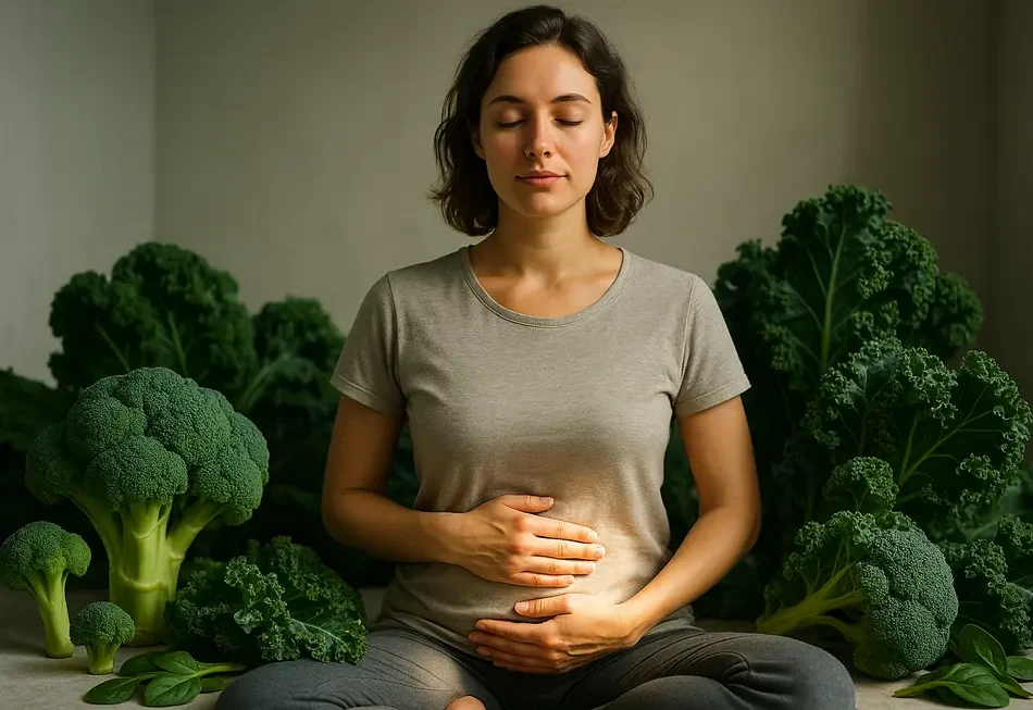 Ein gestresster Mensch, der sich den Bauch hält, mit schematischer Darstellung eines Darms im Hintergrund.