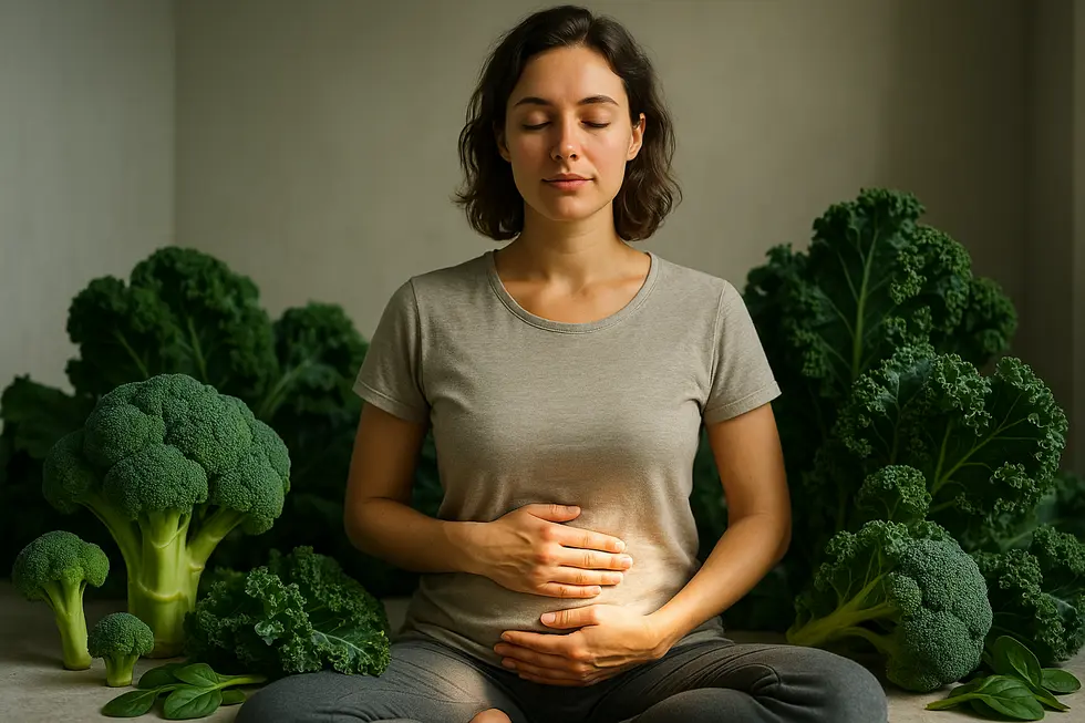 Ein gestresster Mensch, der sich den Bauch hält, mit schematischer Darstellung eines Darms im Hintergrund.