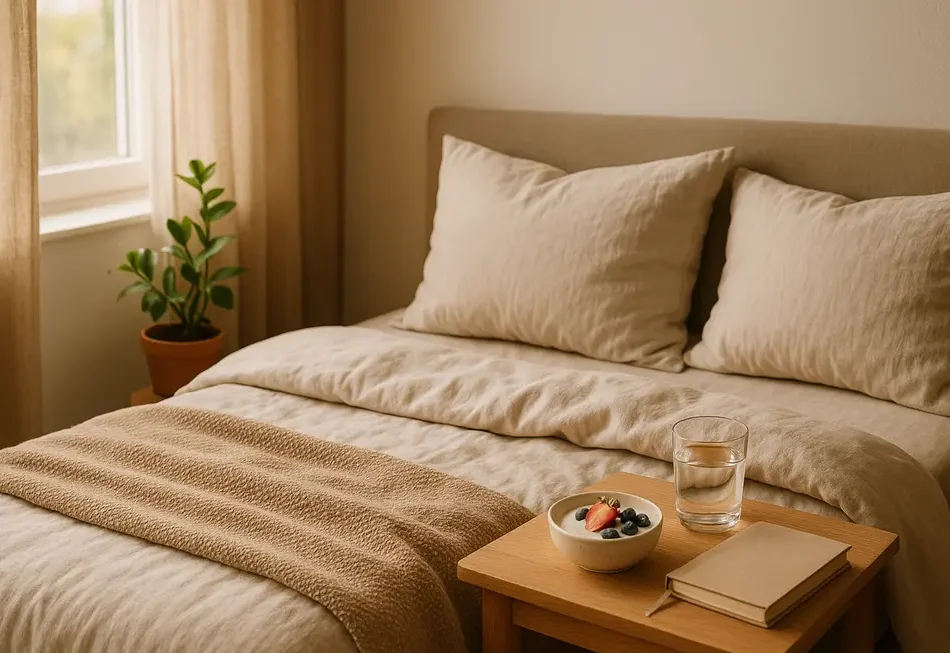 Illustration eines schlafenden Menschen mit Mikrobiom-Darstellung.