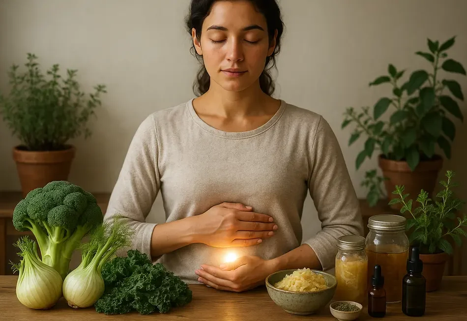 Illustration eines menschlichen Darms mit Heilkräutern und Wellness-Symbolen.