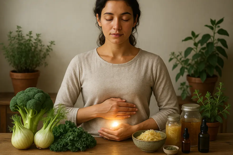 Illustration eines menschlichen Darms mit Heilkräutern und Wellness-Symbolen.