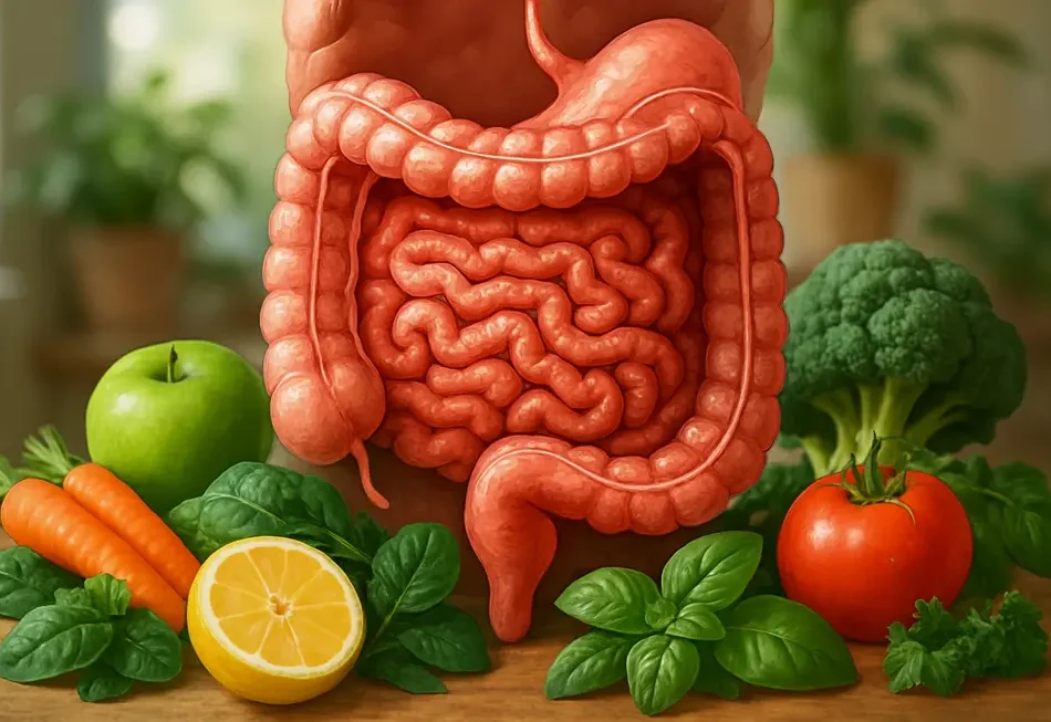 Frischer Obst- und Gemüsetisch für die Darmgesundheit.