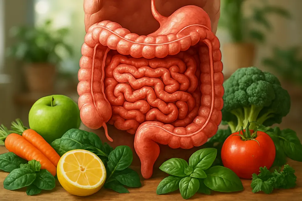 Frischer Obst- und Gemüsetisch für die Darmgesundheit.