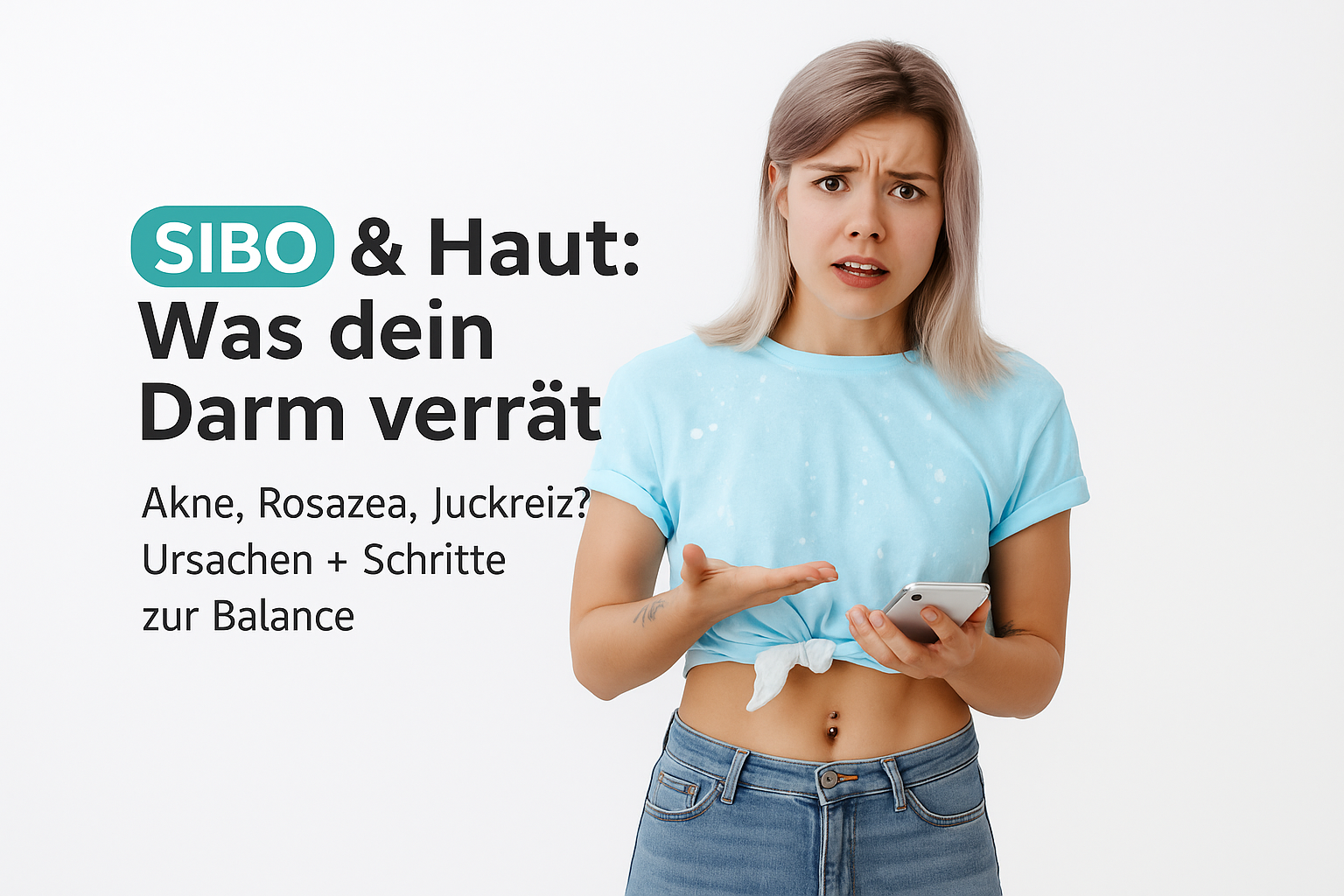 SIBO und Hautprobleme: Frau in blauem Shirt zeigt besorgt ihr Smartphone und thematisiert Akne, Rosazea und Juckreiz. Erforscht Ursachen und Schritte zur Wiederherstellung des Gleichgewichts.