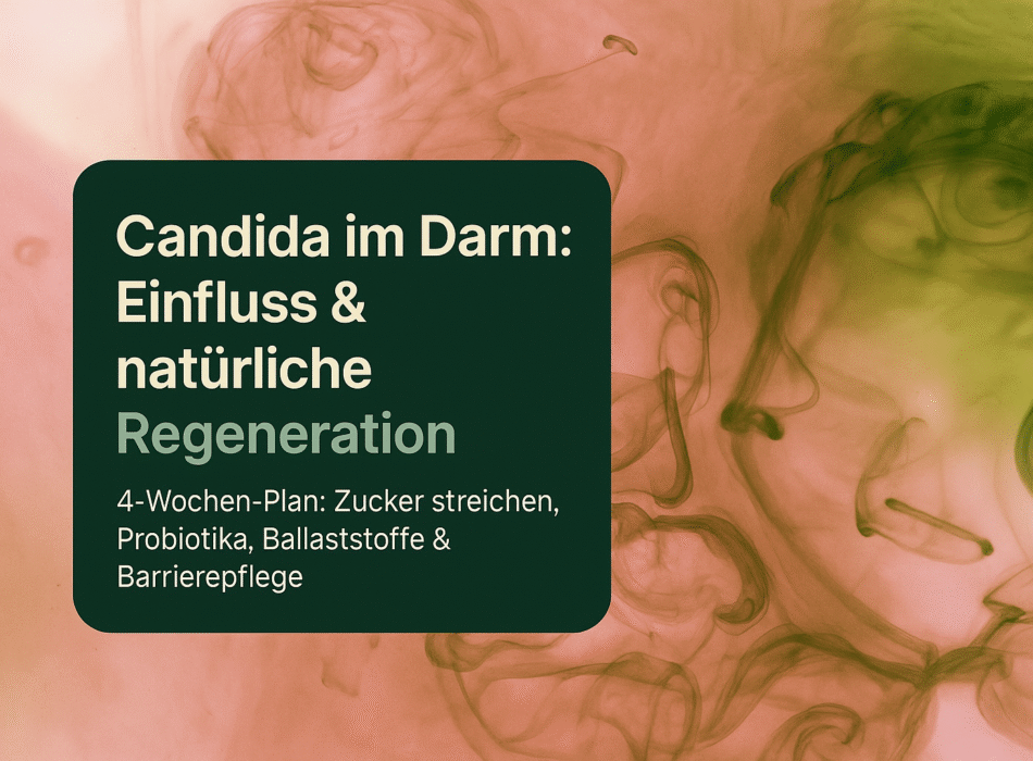 Textgrafik mit dem Thema "Candida im Darm: Einfluss & natürliche Regeneration", präsentiert einen 4-Wochen-Plan zur Regulierung der Darmflora durch das Streichen von Zucker, den Einsatz von Probiotika und Ballaststoffen sowie Maßnahmen zur Stärkung der Darmbarriere.