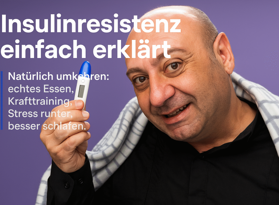 Insulinresistenz einfach erklärt: Mann hält ein Messgerät in der Hand, lächelt und trägt ein schwarzes Hemd sowie eine Decke. Hintergrund in lila, Text beschreibt natürliche Methoden zur Umkehrung von Insulinresistenz durch Ernährung, Krafttraining, Stressbewältigung und Schlafverbesserung.