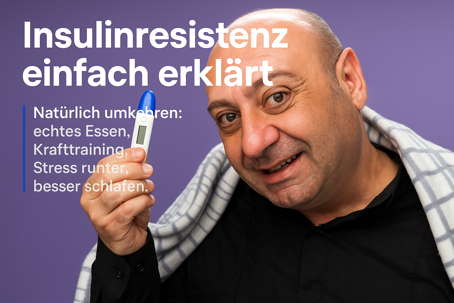 Insulinresistenz einfach erklärt: Mann hält ein Messgerät in der Hand, lächelt und trägt ein schwarzes Hemd sowie eine Decke. Hintergrund in lila, Text beschreibt natürliche Methoden zur Umkehrung von Insulinresistenz durch Ernährung, Krafttraining, Stressbewältigung und Schlafverbesserung.