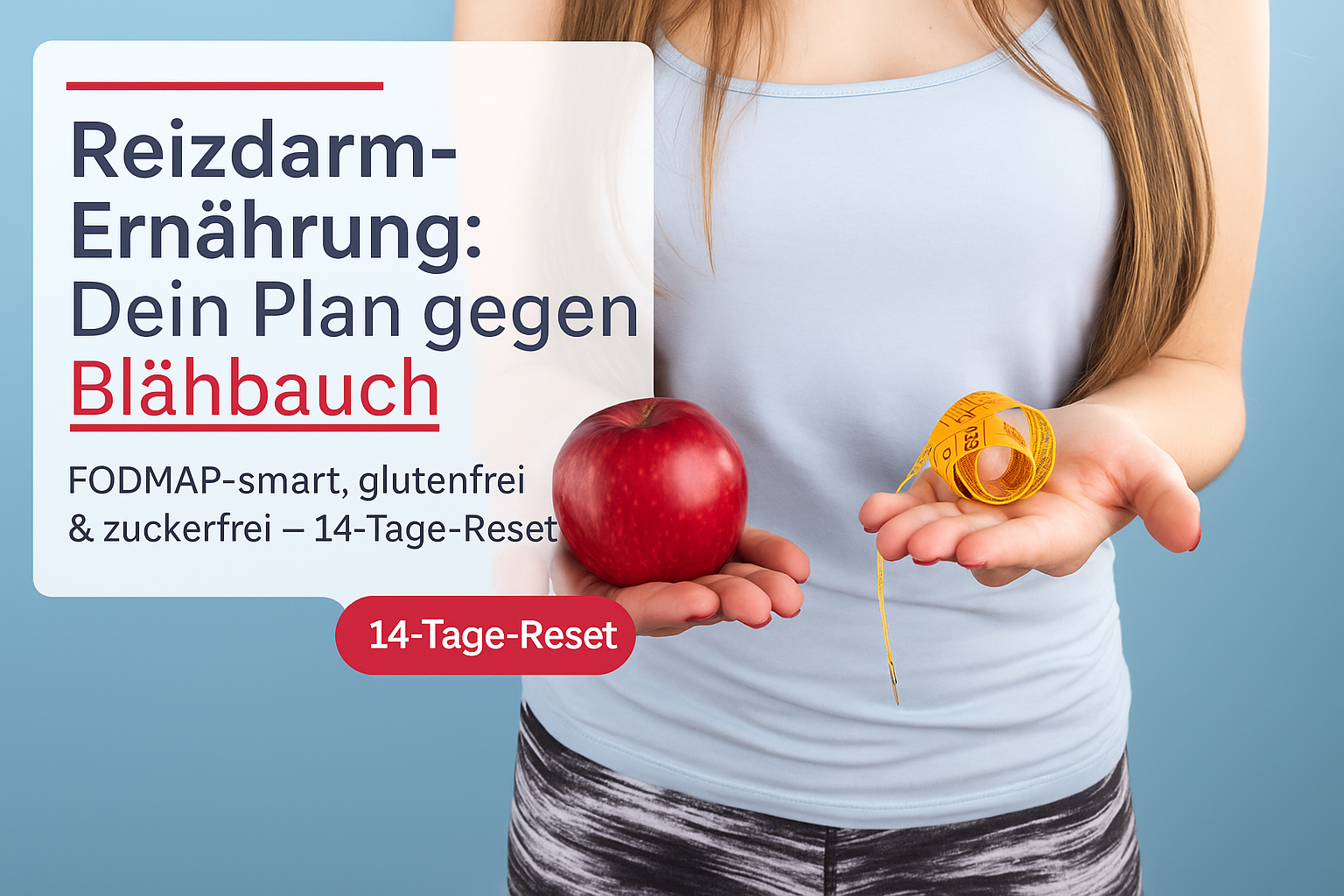 Reizdarm-Ernährung: Frau hält roten Apfel und Maßband, zeigt FODMAP-smart, glutenfreie und zuckerfreie Ernährung zur Bekämpfung von Blähbauch, 14-Tage-Reset.