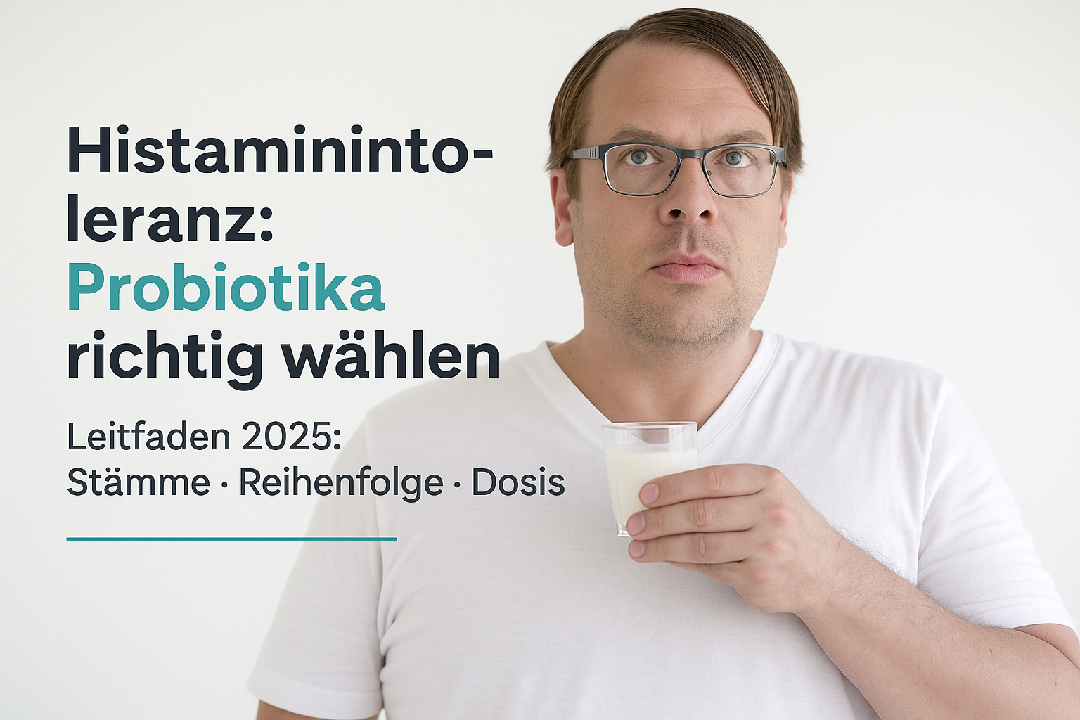 Mann mit Glas Milch in der Hand, der über Histaminintoleranz und die richtige Wahl von Probiotika informiert. Text enthält Leitfaden für 2025 zu Stämmen, Reihenfolge und Dosis.
