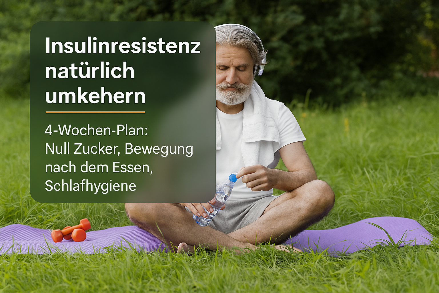 Mann meditiert auf einer Yogamatte im Freien, während er eine Wasserflasche hält. Im Hintergrund sind grüne Wiesen und Bäume zu sehen. Text über Insulinresistenz und einen 4-Wochen-Plan: Null Zucker, Bewegung nach dem Essen, Schlafhygiene.