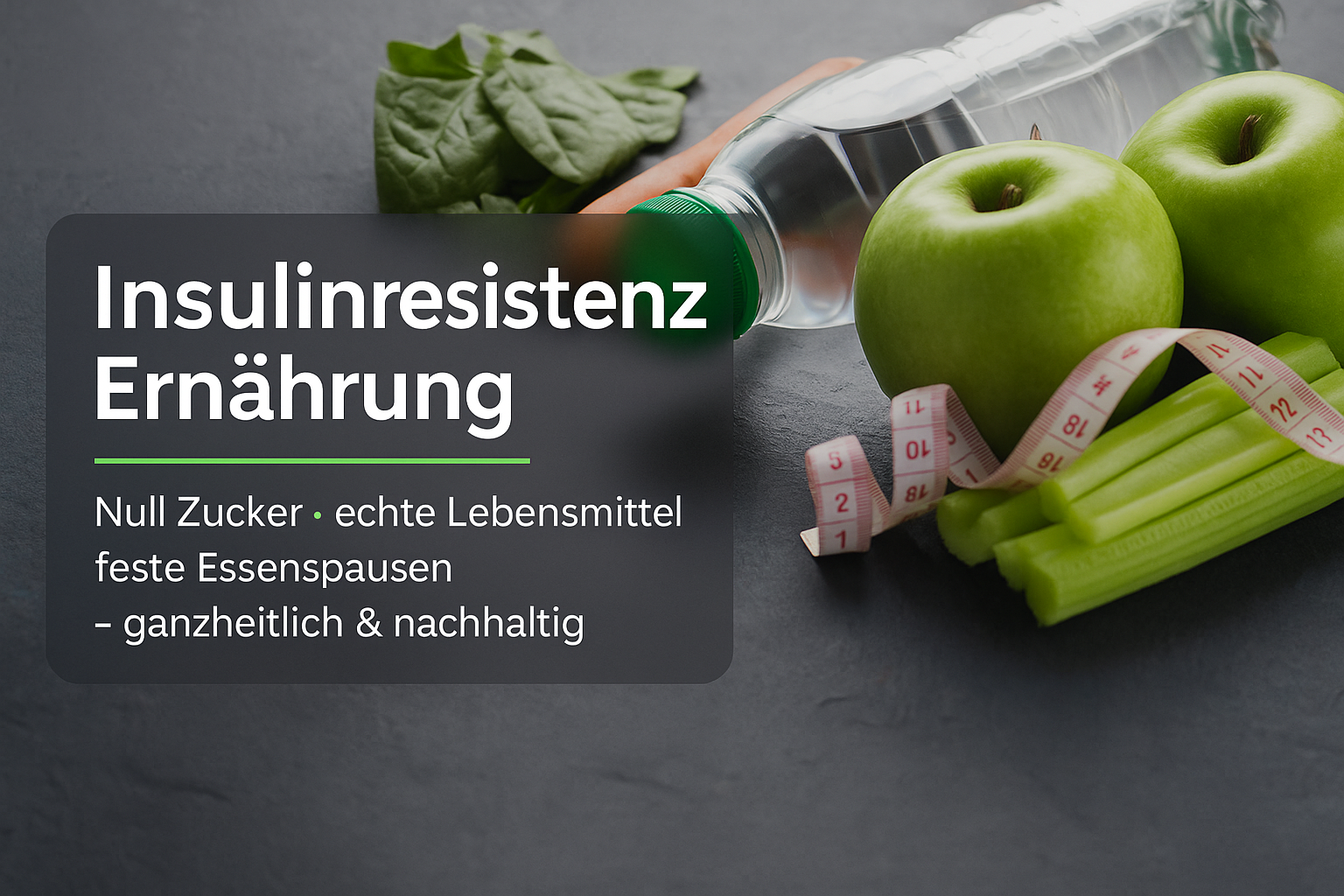Insulinresistenz Ernährung: Wasserflasche, grüne Äpfel, Sellerie und Maßband auf einer dunklen Oberfläche; Fokus auf gesunde Ernährung ohne Zucker mit echten Lebensmitteln und festen Essenspausen.