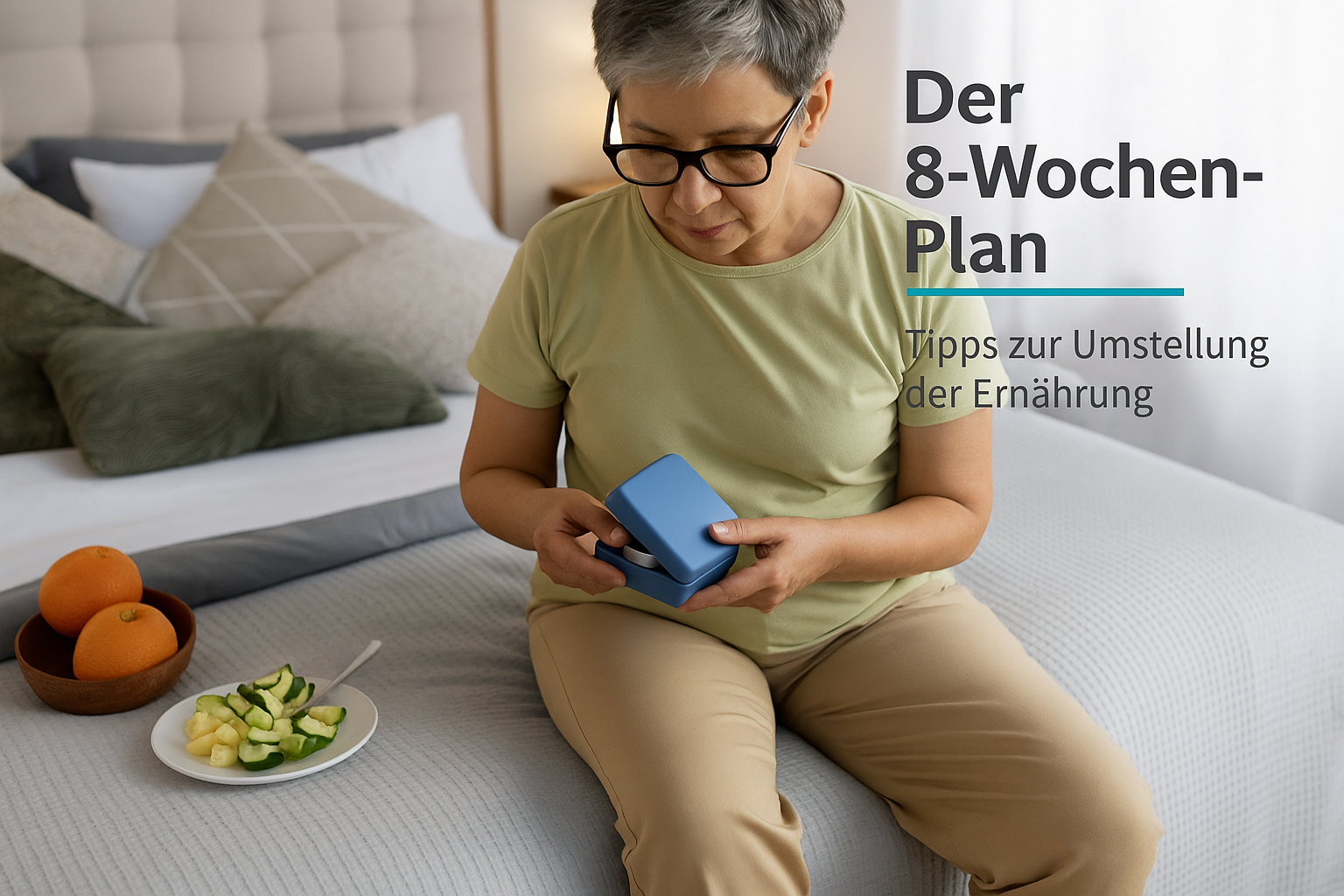 Frau mit Brille sitzt auf einem Bett und schaut auf einen blauen Behälter, während sie eine gesunde Mahlzeit aus frischem Obst und Gemüse neben sich hat. Der Hintergrund zeigt ein gemütliches Schlafzimmer. Text auf dem Bild informiert über einen 8-Wochen-Plan zur Ernährungsumstellung.