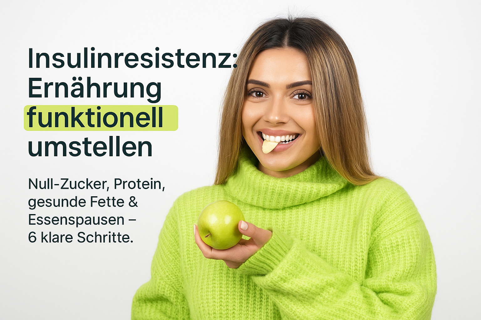 Frau in grünem Pullover mit einem Apfel in der Hand und einem Snack im Mund, lächelnd, vor einem hellen Hintergrund; Thema: Insulinresistenz und funktionelle Ernährung.