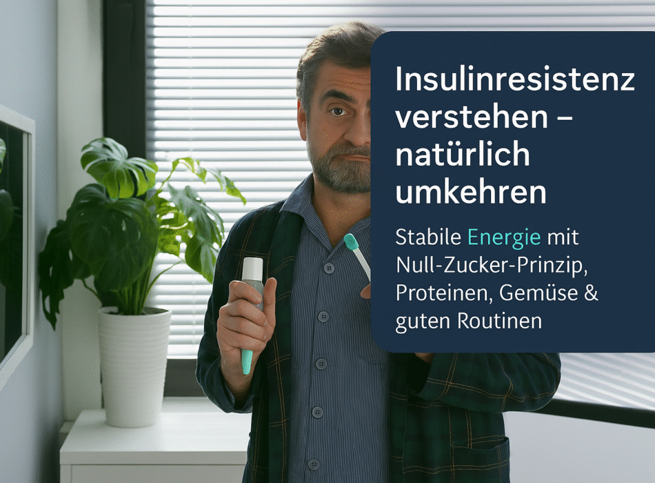 Mann in einem modernen Raum hält ein gesundheitliches Produkt in der Hand, umgeben von Pflanzen und einer Spiegelreflexion, mit dem Text "Insulinresistenz verstehen – natürlich umkehren" sowie Informationen zu stabiler Energie und einer gesunden Ernährung.