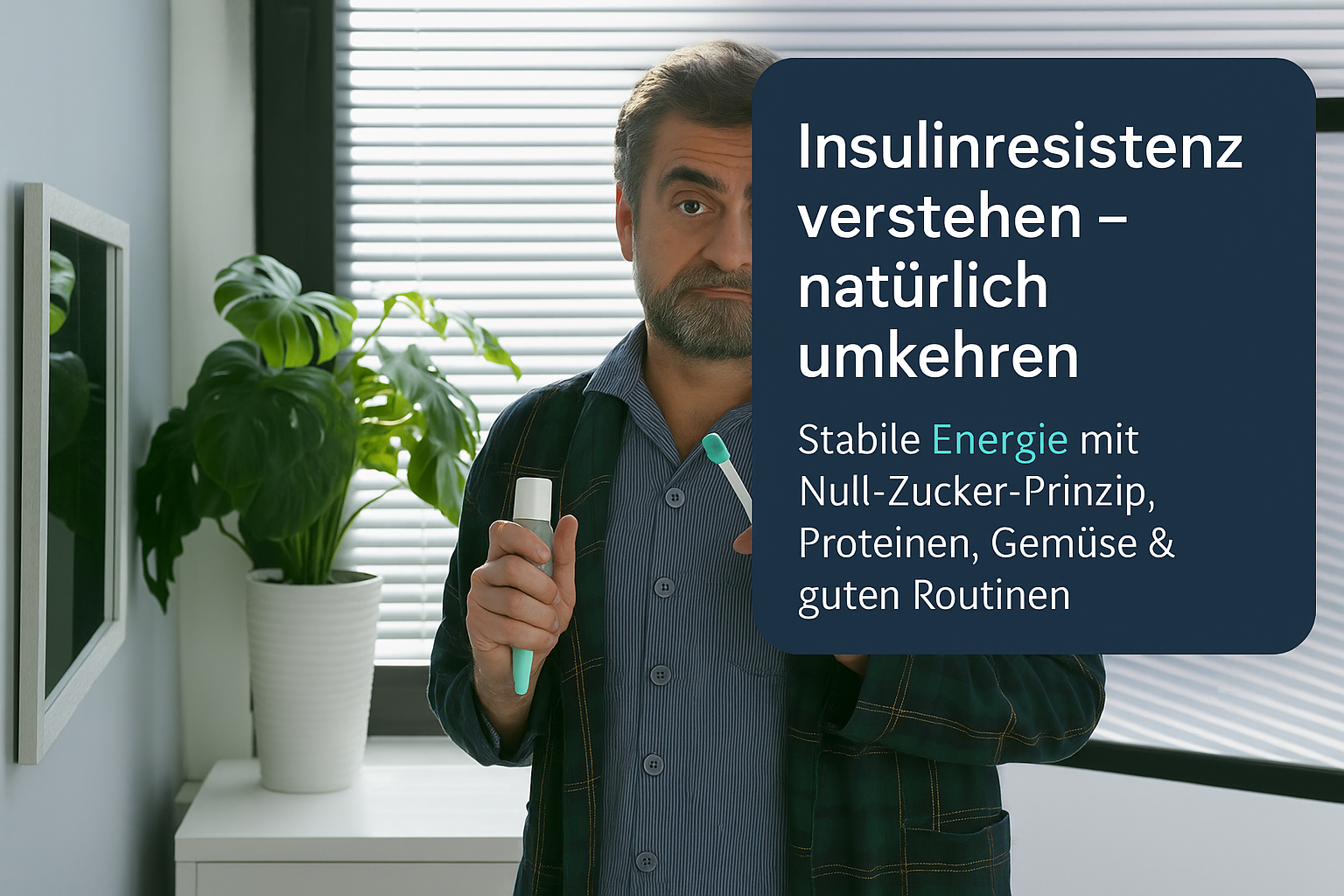Mann in einem modernen Raum hält ein gesundheitliches Produkt in der Hand, umgeben von Pflanzen und einer Spiegelreflexion, mit dem Text "Insulinresistenz verstehen – natürlich umkehren" sowie Informationen zu stabiler Energie und einer gesunden Ernährung.
