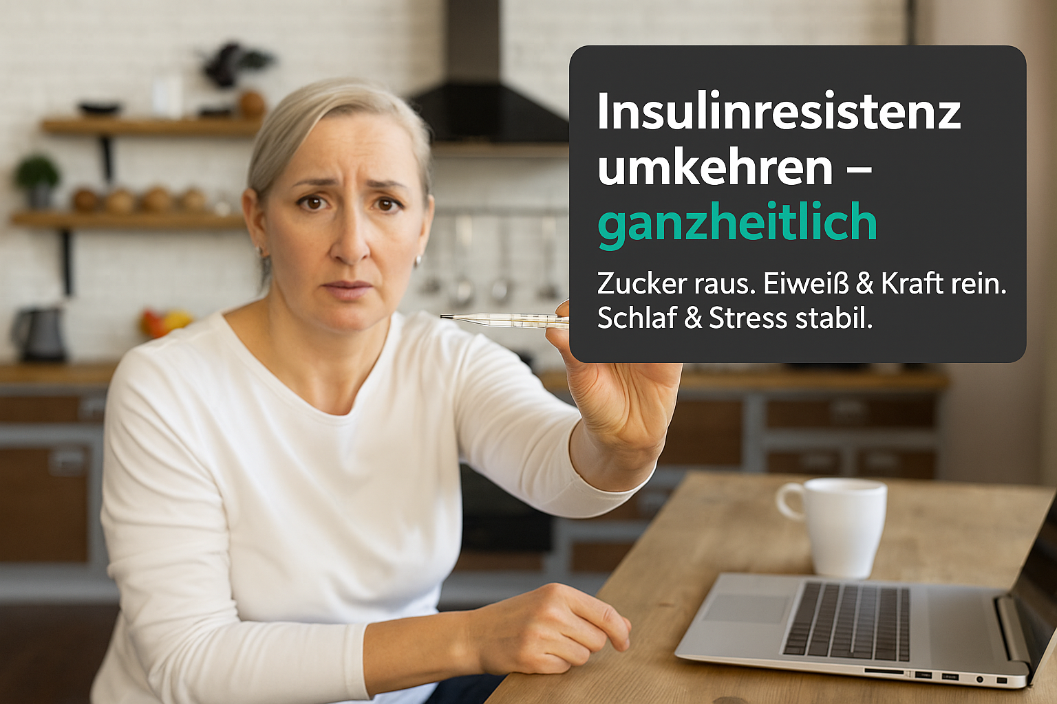 Frau zeigt ein Schild mit der Aufschrift „Insulinresistenz umkehren – ganzheitlich“ in einer modernen Küche. Der Hintergrund ist hell und freundlich, mit einer Holzbank und gesunden Lebensmitteln sichtbar.