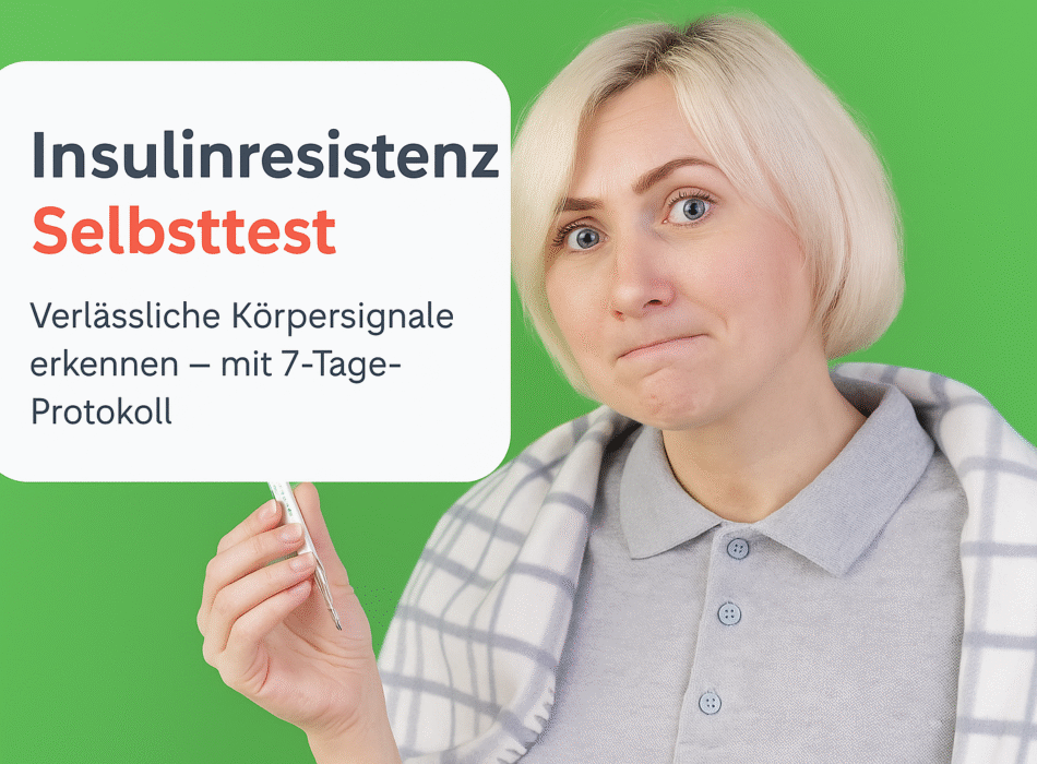 Frau mit blonden Haaren und grauem Oberteil hält einen Selbsttest zur Insulinresistenz in der Hand, während sie nachdenklich wirkt. Im Hintergrund ist eine grüne Wand. Der Test bietet Hinweise zur Erkennung körperlicher Signale und zu einem 7-Tage-Protokoll.