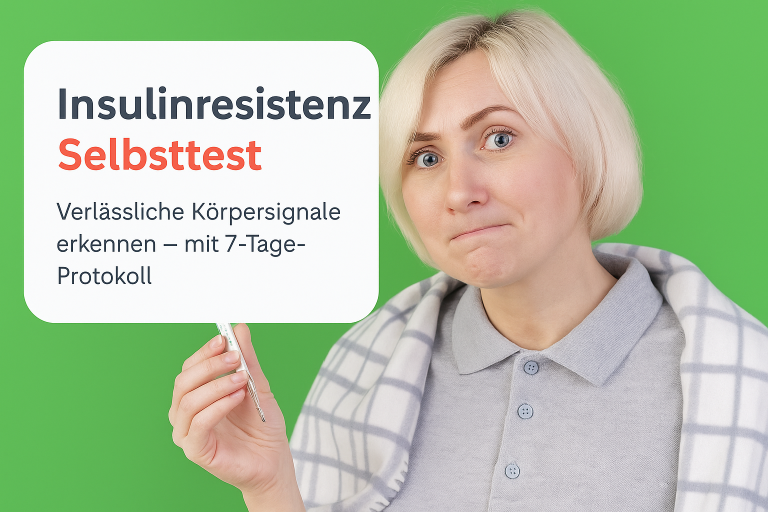 Frau mit blonden Haaren und grauem Oberteil hält einen Selbsttest zur Insulinresistenz in der Hand, während sie nachdenklich wirkt. Im Hintergrund ist eine grüne Wand. Der Test bietet Hinweise zur Erkennung körperlicher Signale und zu einem 7-Tage-Protokoll.