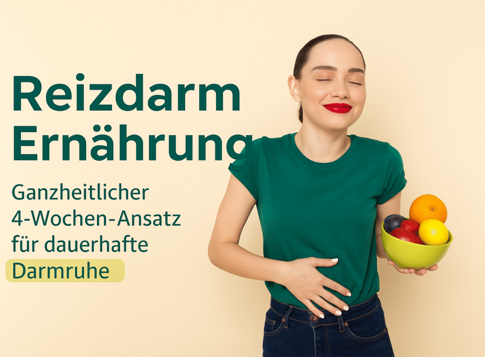 Frau mit geschlossenen Augen in grünem Shirt hält eine Schüssel mit verschiedenen Früchten und drückt leicht ihren Bauch, symbolisiert gesunde Ernährung und ganzheitlichen Ansatz zur Linderung von Reizdarmbeschwerden.