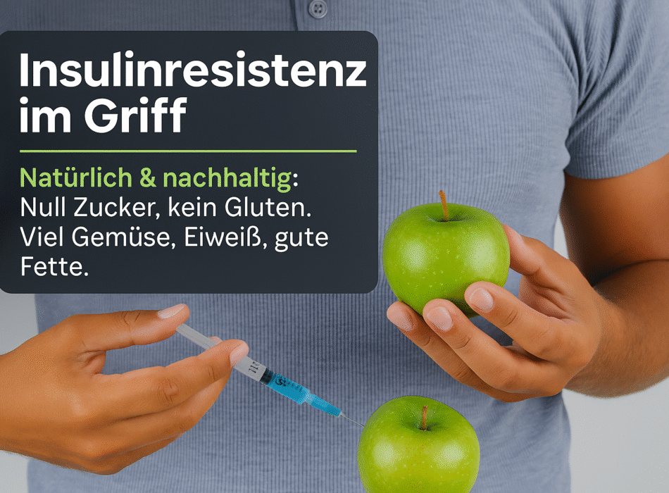 Person hält eine Spritze in der einen Hand und zwei grüne Äpfel in der anderen Hand, begleitet von Text über Insulinresistenz und gesunde Ernährung.