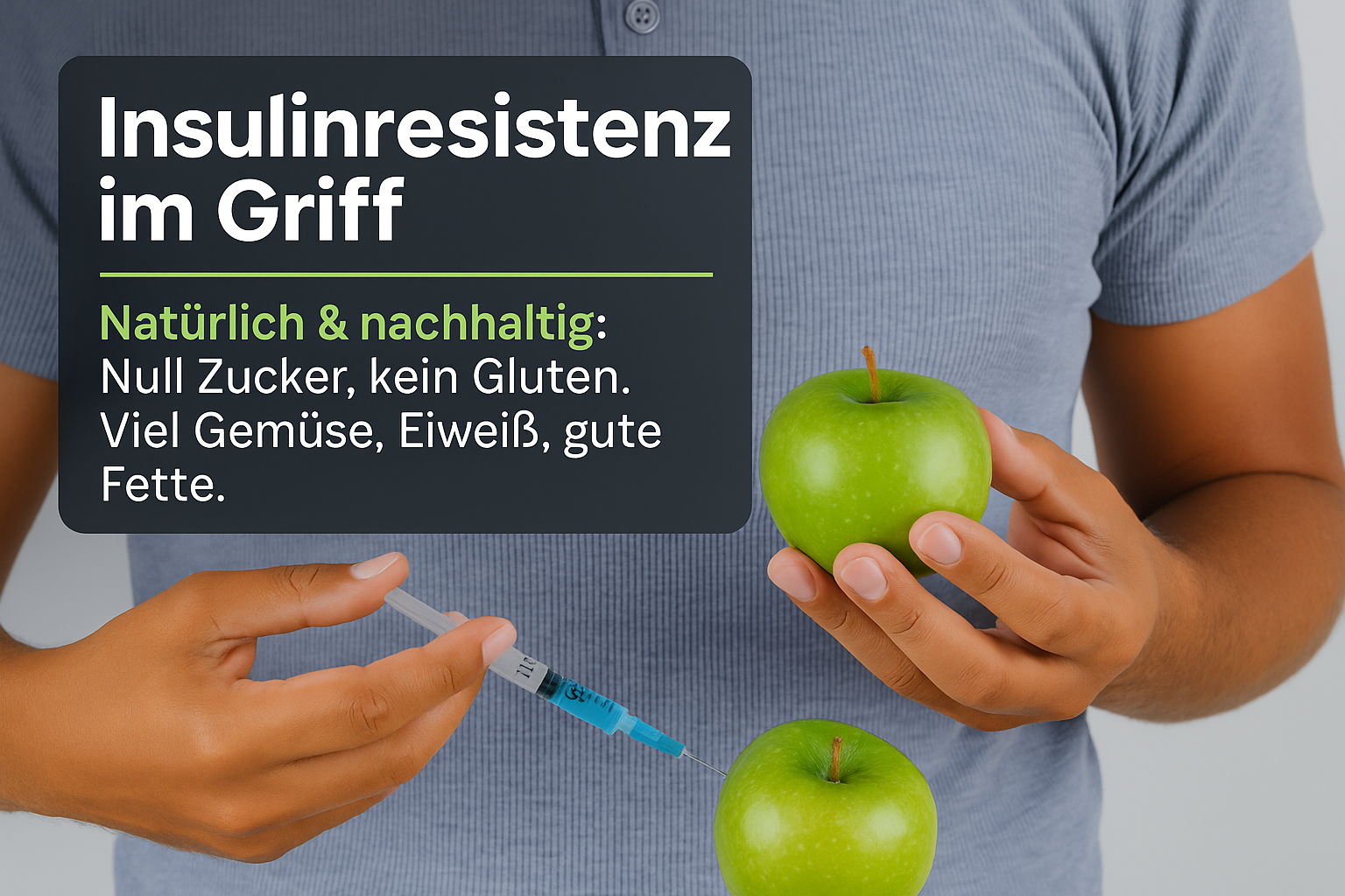 Person hält eine Spritze in der einen Hand und zwei grüne Äpfel in der anderen Hand, begleitet von Text über Insulinresistenz und gesunde Ernährung.