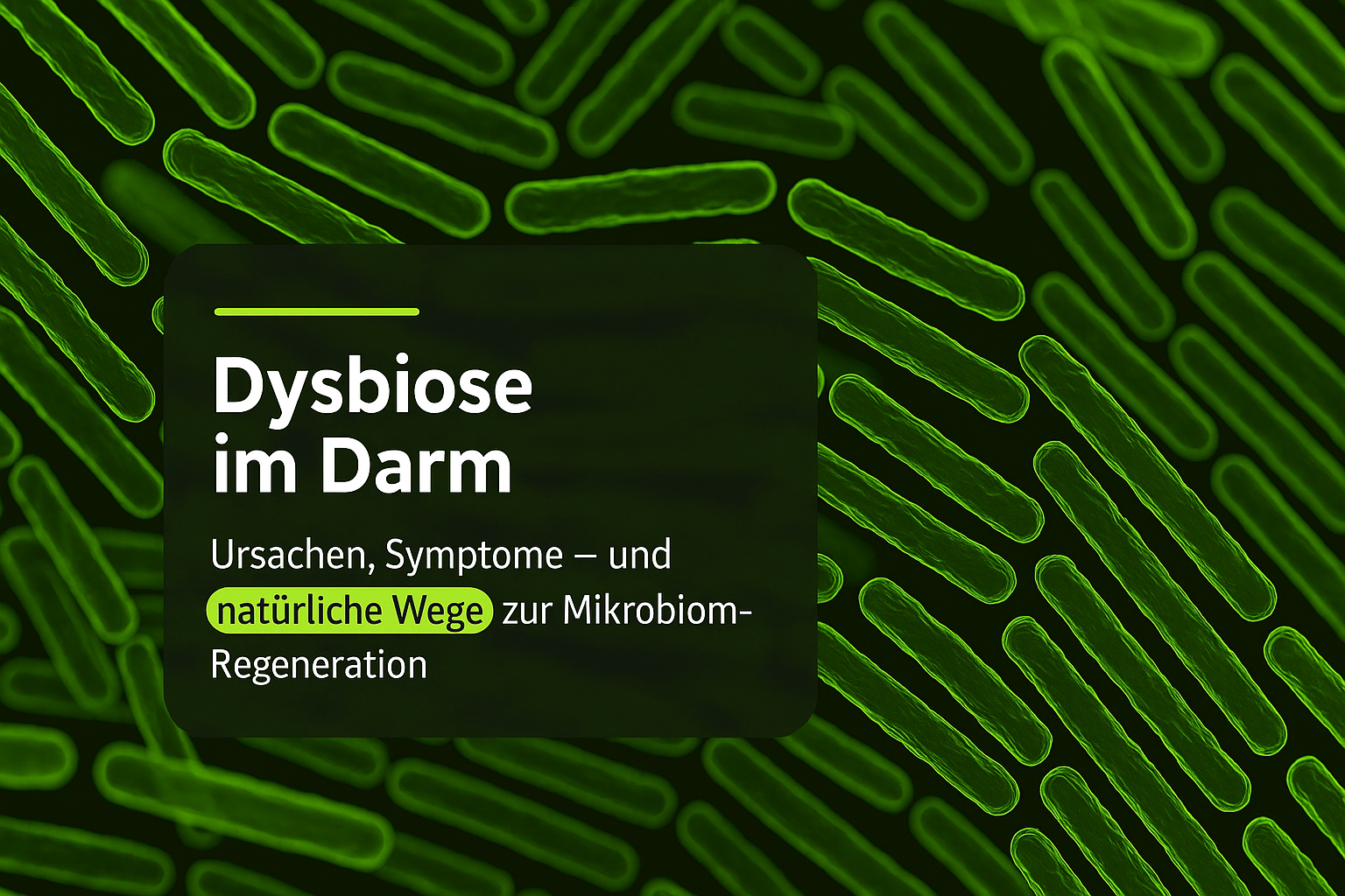 Abbildung von Bakterien mit dem Text "Dysbiose im Darm: Ursachen, Symptome – und natürliche Wege zur Mikrobiom-Regeneration" auf dunklem Hintergrund.