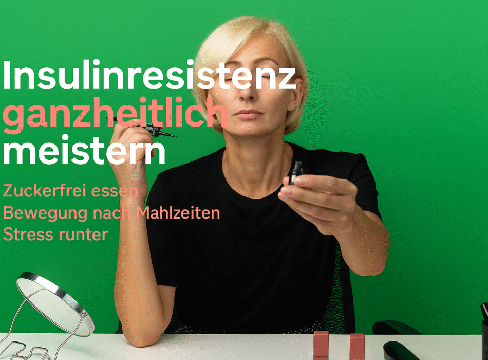 Frau hält zwei Produkte in der Hand und schaut nachdenklich, während sie am Tisch mit Kosmetikartikeln und einem Spiegel sitzt. Hintergrund in grün, Schriftzüge zu insulinresistenter Ernährung und Lebensstiländerungen.