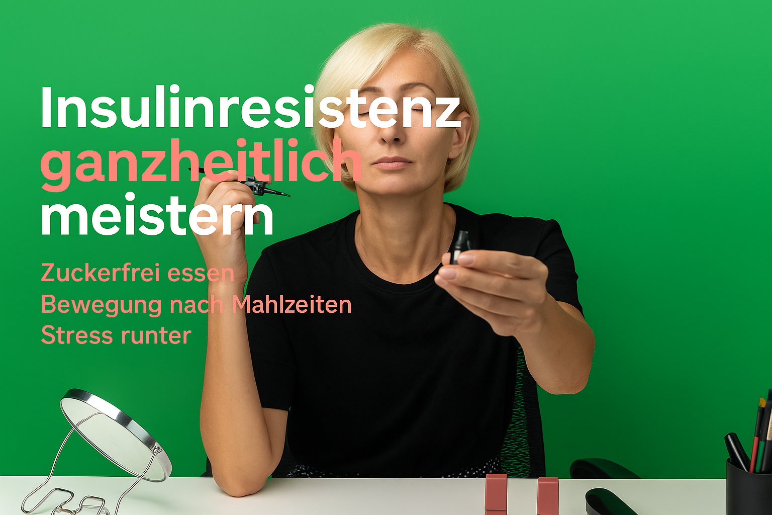 Frau hält zwei Produkte in der Hand und schaut nachdenklich, während sie am Tisch mit Kosmetikartikeln und einem Spiegel sitzt. Hintergrund in grün, Schriftzüge zu insulinresistenter Ernährung und Lebensstiländerungen.