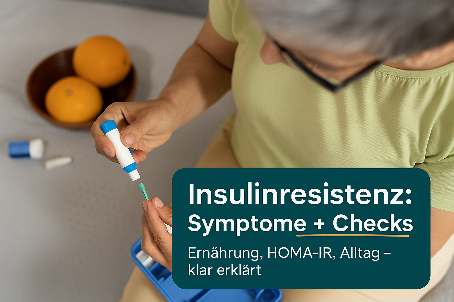 Person misst den Blutzucker mit einem Insulinresistenz-Testgerät, während im Hintergrund zwei Orangen sichtbar sind. Der Text auf dem Bild erklärt die Symptome und Diagnosetools für Insulinresistenz, inklusive Ernährung und HOMA-IR.