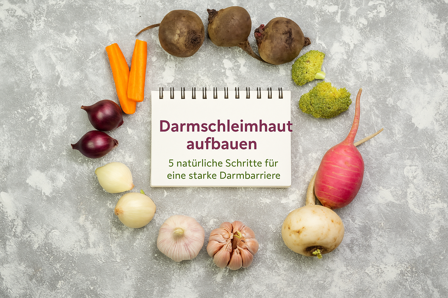 Darmschleimhaut aufbauen: Visualisierung von Gemüse wie Karotten, Zwiebeln und Brokkoli sowie einem Notizbuch, das natürliche Strategien für eine starke Darmbarriere darstellt.