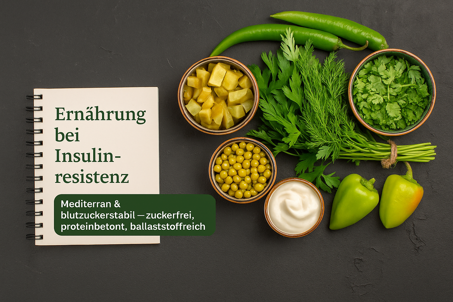Ein Notizbuch mit der Aufschrift „Ernährung bei Insulinresistenz“ liegt auf einer dunklen Oberfläche, umgeben von frischen Lebensmitteln: grüne Paprika, Erbsen, eingelegtes Gemüse, Joghurt, Koriander und Dill. Der Text betont eine mediterrane, blutzuckerstabile Ernährung, die zuckerfrei, proteinbetont und ballaststoffreich ist.